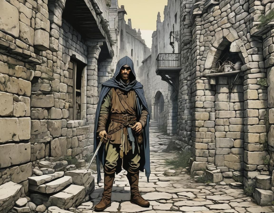 Dark Fantasy Traveler at Crumbling Stone Wall