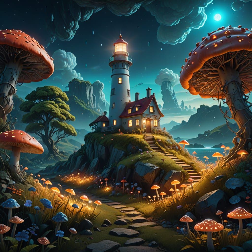 Lighthouse in a Glowing Mushroom Garden: Dreamcore Earth Art