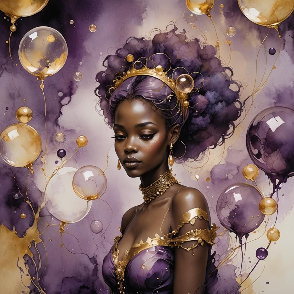 Dreamy Portrait with Purple and Gold Bubbles