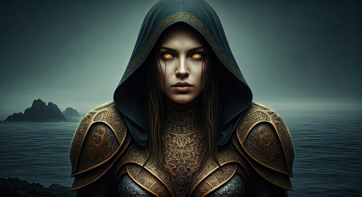 Mysterious Female Figure in Ancient Armor Stands on Rocky Sh...