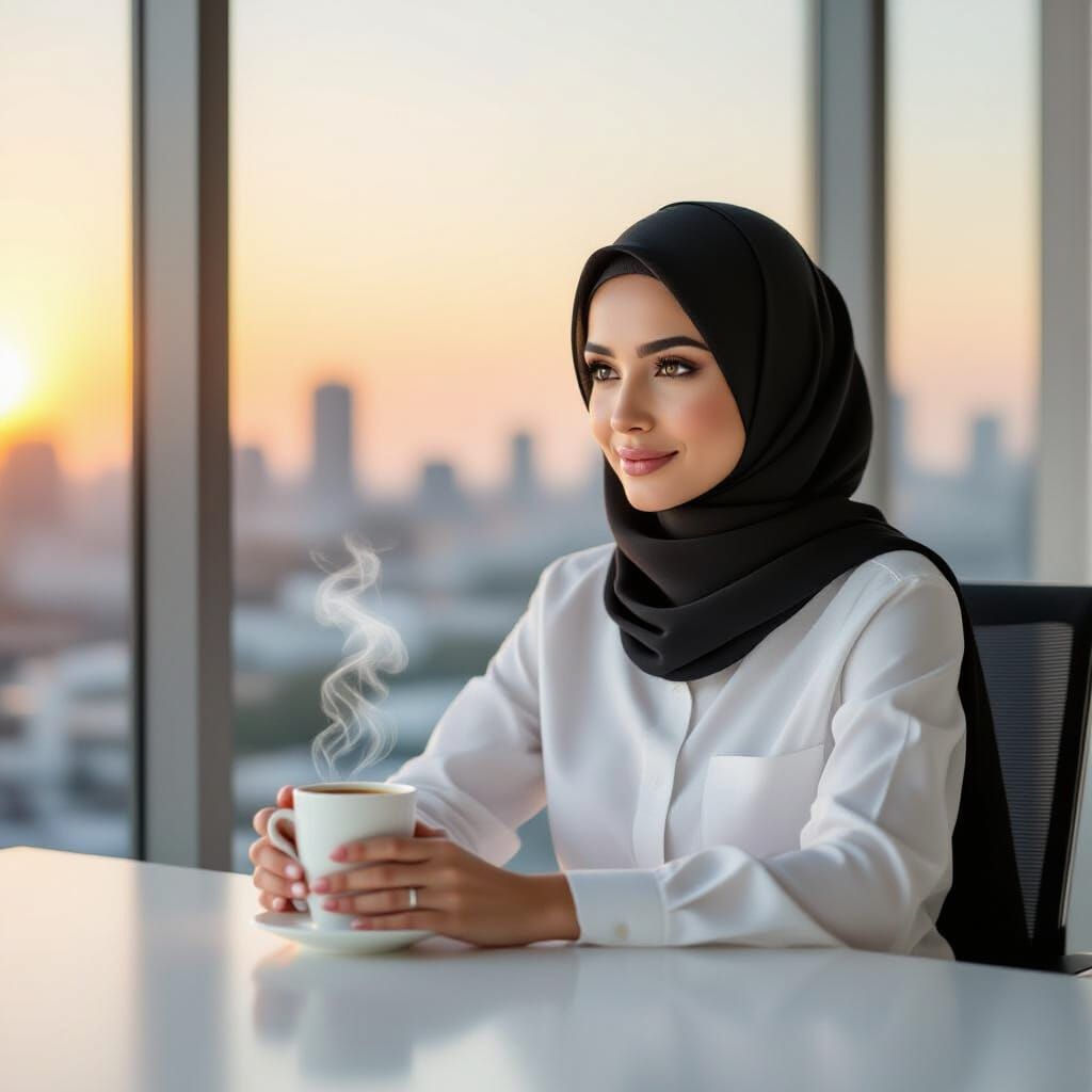 Professional Woman Enjoys Coffee Break in Golden Light