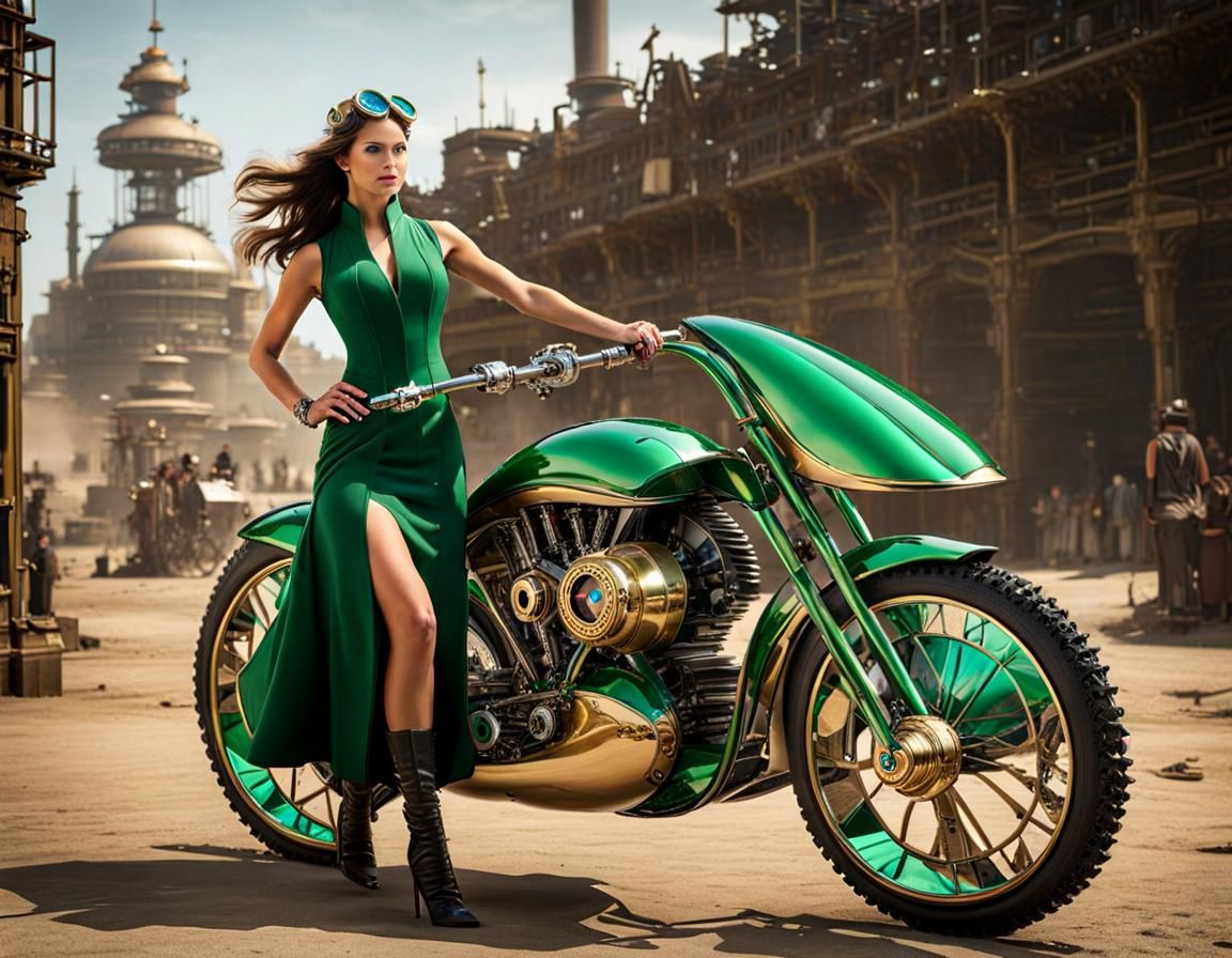 Steampunk Woman on Hoverbike in Futuristic City