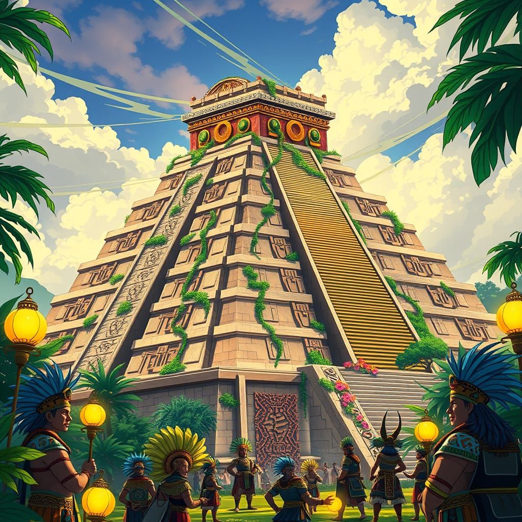 Surreal Aztec Pyramid in Vibrant Cubist Style