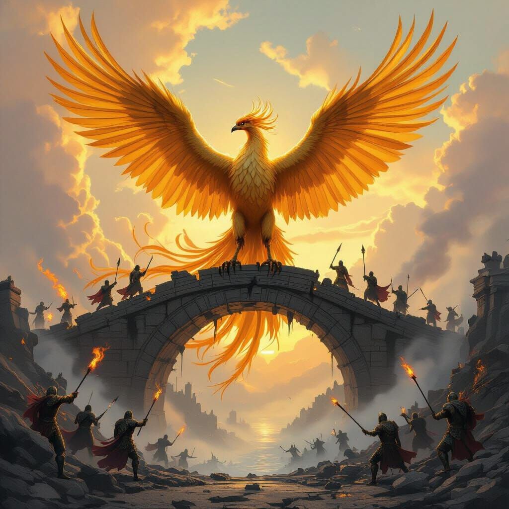 Golden Phoenix Over Crumbling Bridge at Dawn