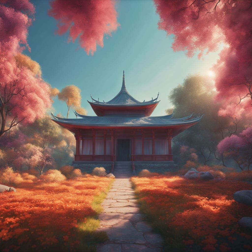 Vibrant Temple Garden in Soft Focus