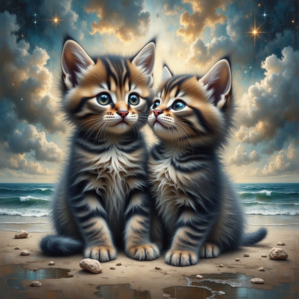 Kittens Playing on a White Sand Beach with Teal Ocean