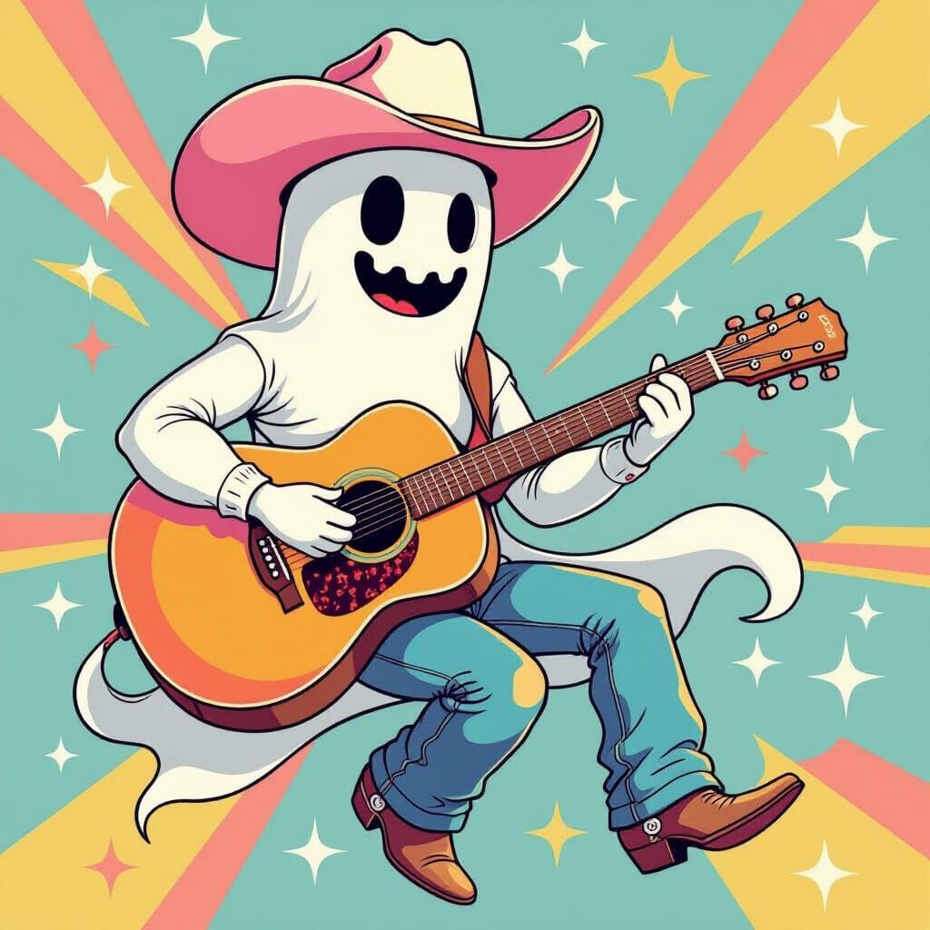 Cartoon Ghost Cowboy Plays Guitar in Retro Style