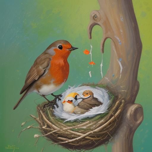 Robin Feeding Babies: Neo-Impressionist Oil Painting