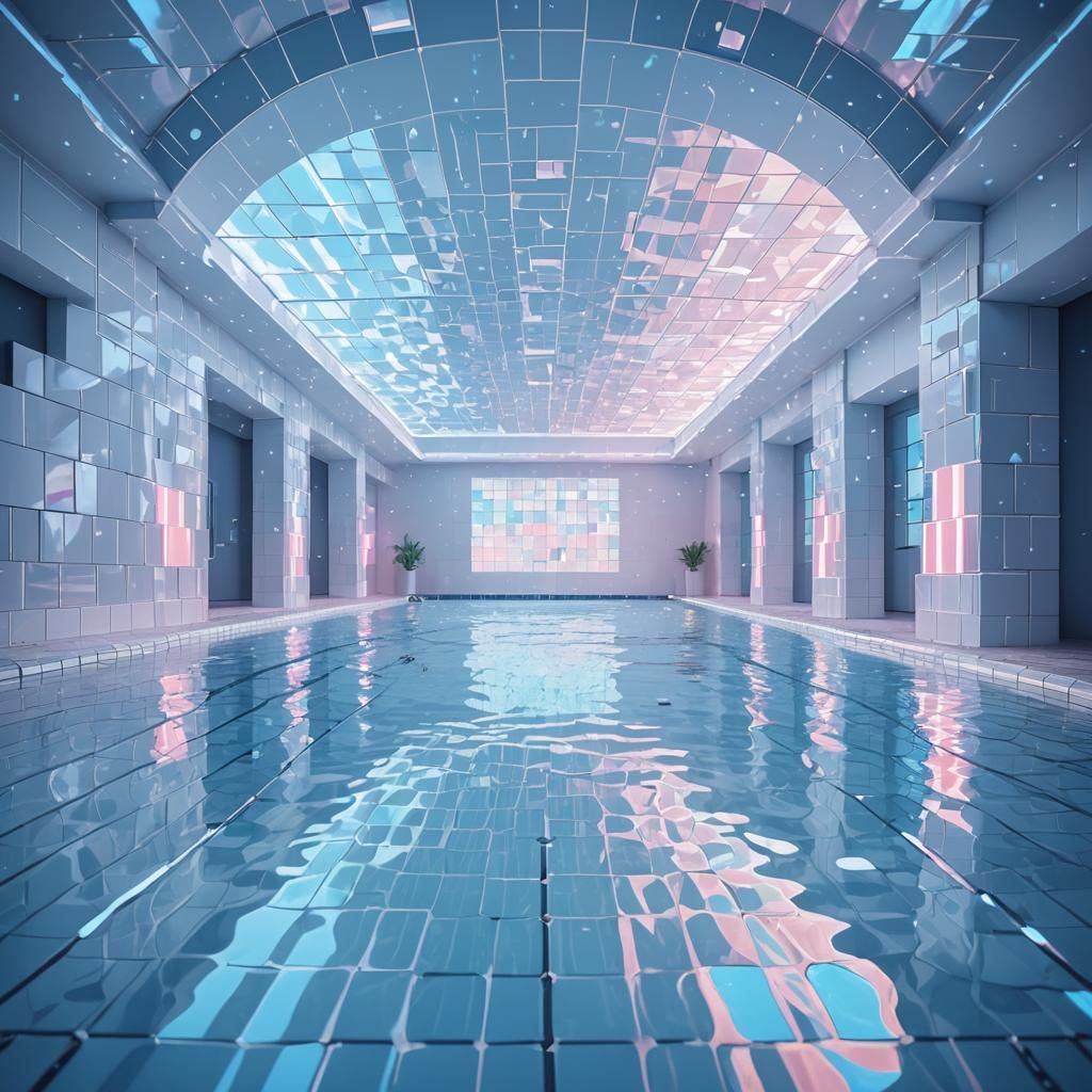 Flooded Pool Hall in Low-Poly Pixel Art