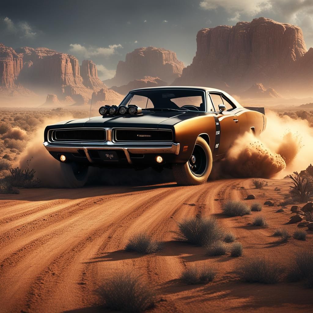 Black Dodge Charger on Dusty Road: Matte Painting