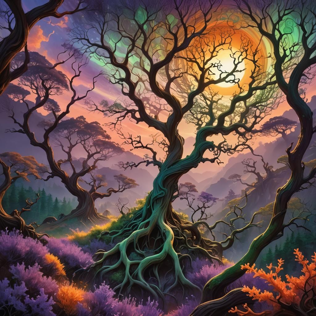 Mystical Sunrise Over Violet Hills