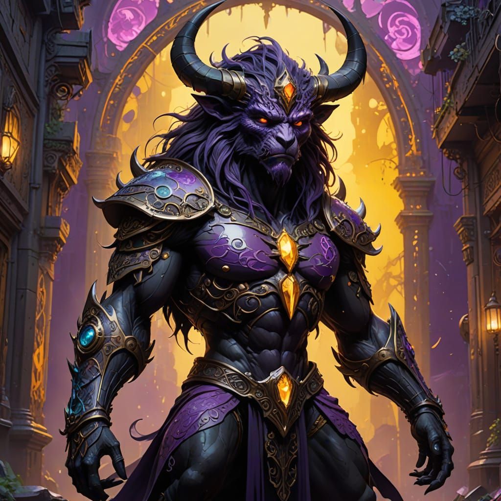 Dark Fantasy Minotaur in Vibrant, High-Contrast Landscape