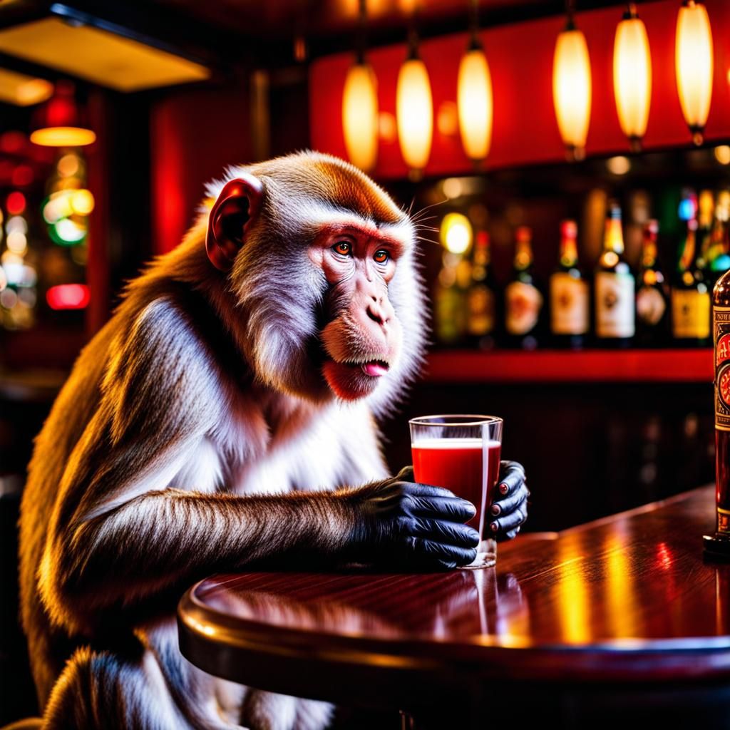Japanese Macaque Enjoys Sake in Karaoke Bar