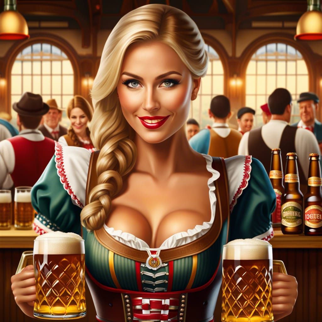 Oktoberfest Waitress Serving Beers in High Resolution