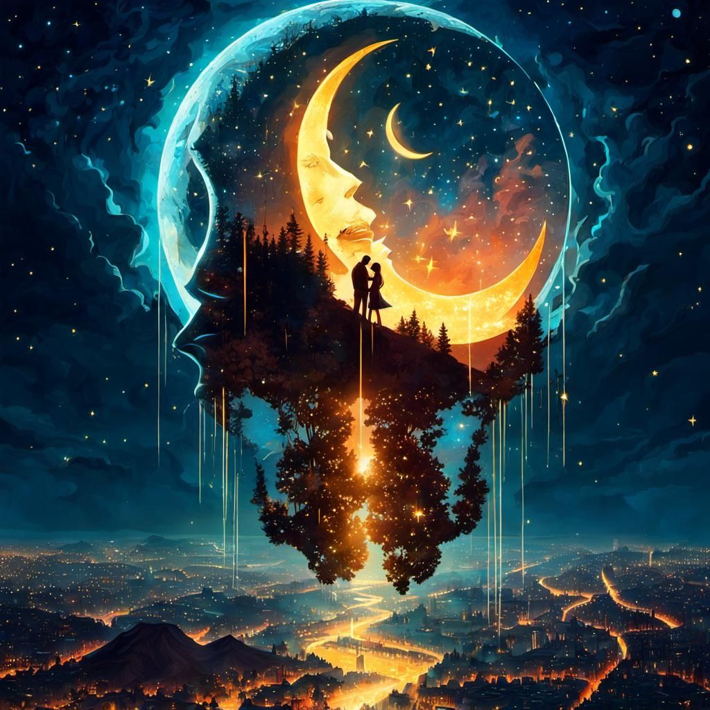 Glowing Couple Under Starry Moon in Anime Style