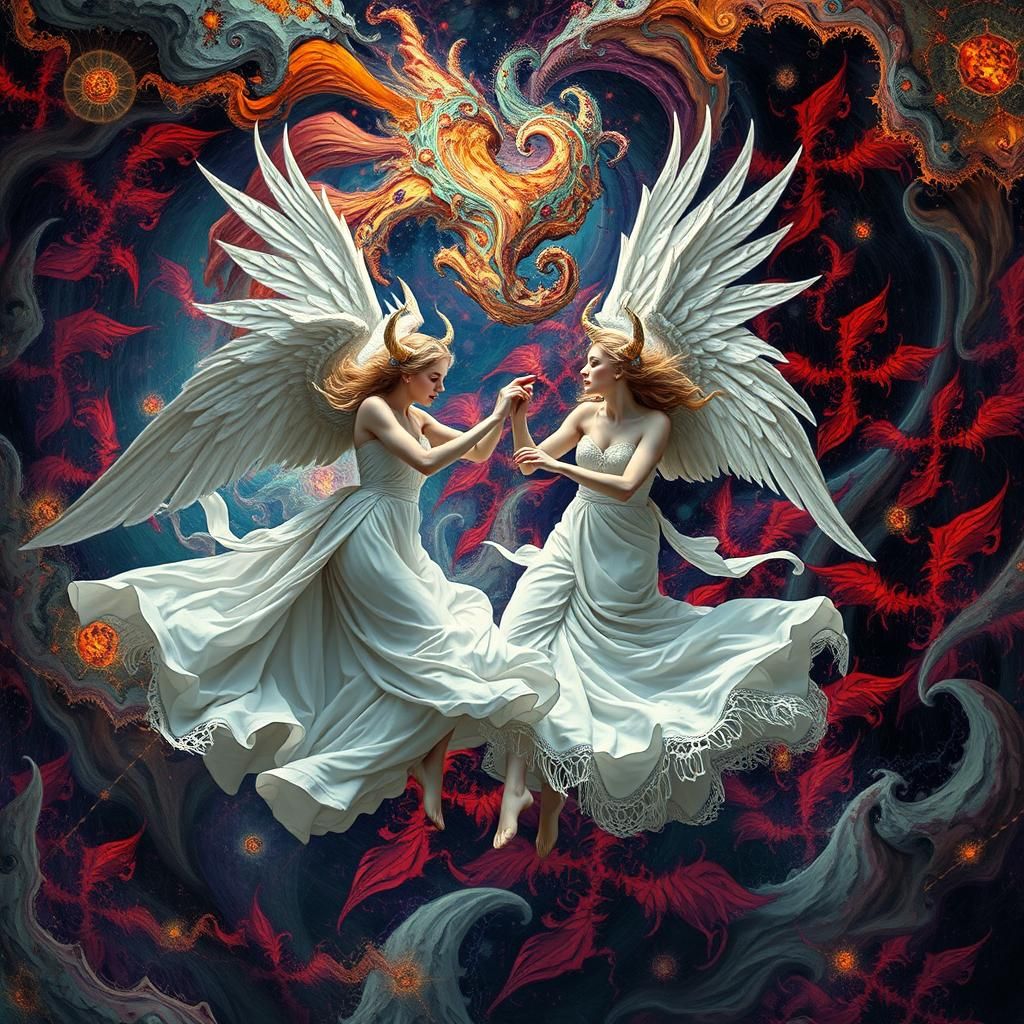 Angelic Figures Dancing in Fractal Vortex