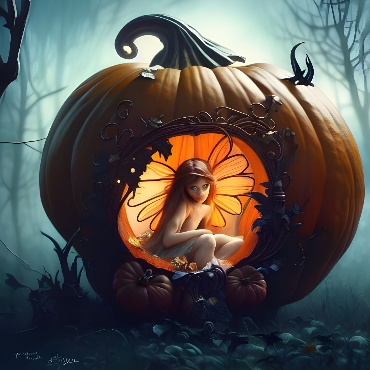 Fairy in Pumpkin: Digital Art Illustration