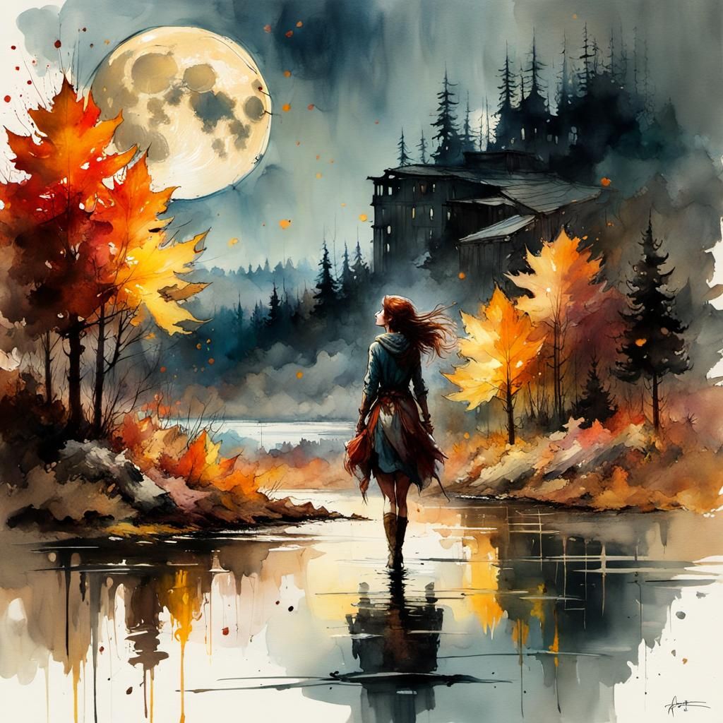 Beautiful Dark Autumn in Canada: Digital Watercolor Art