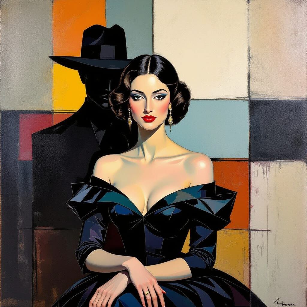 Elegant Woman with Dark Figure in Surrealist Style