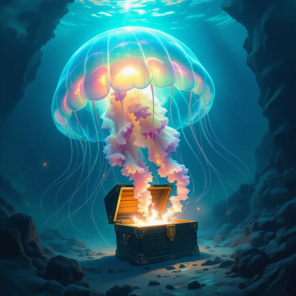 Bioluminescent Jellyfish Guardian in Alien Ocean