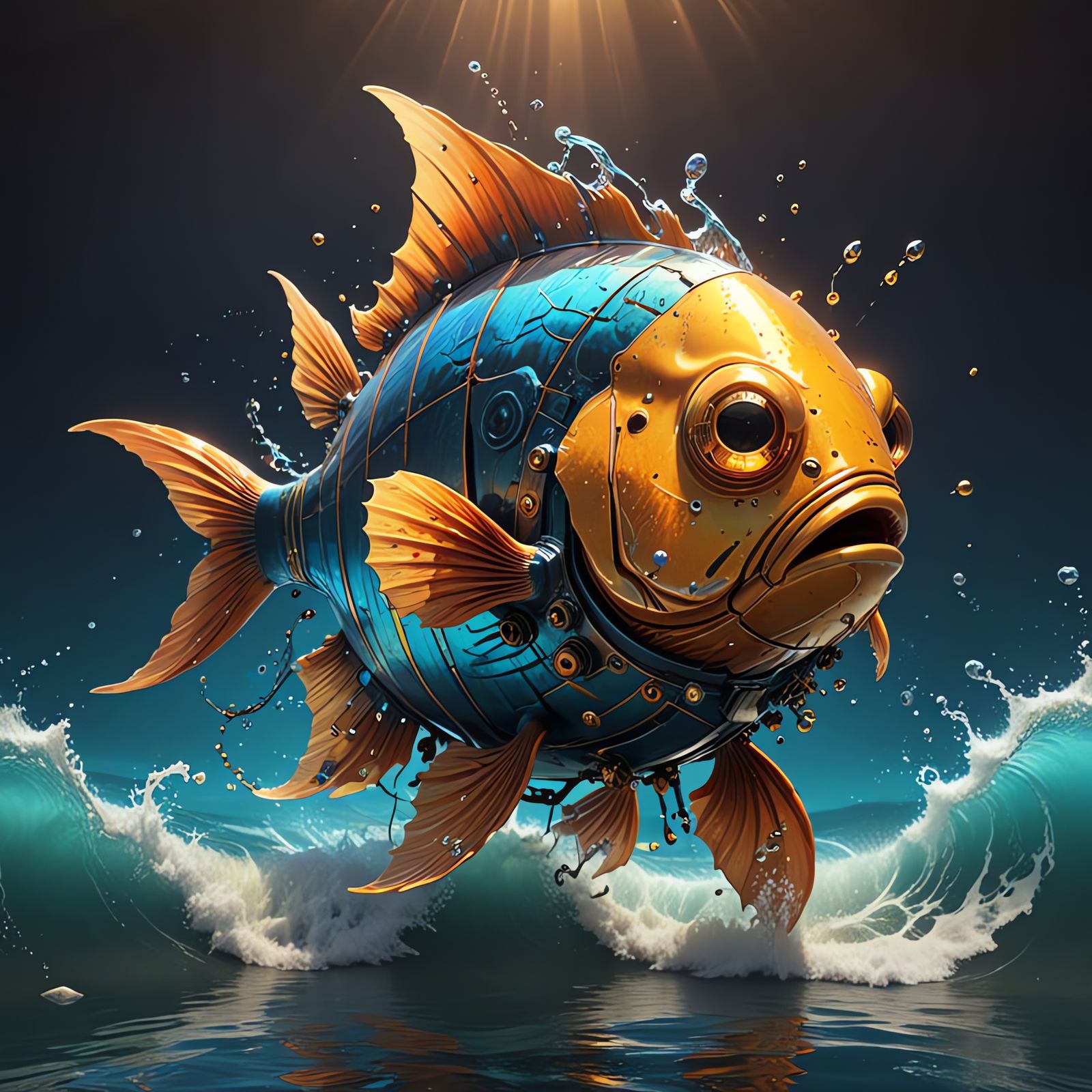 Humorous Cartoon Fish with Glowing Cargo and Oceanic Backgro...