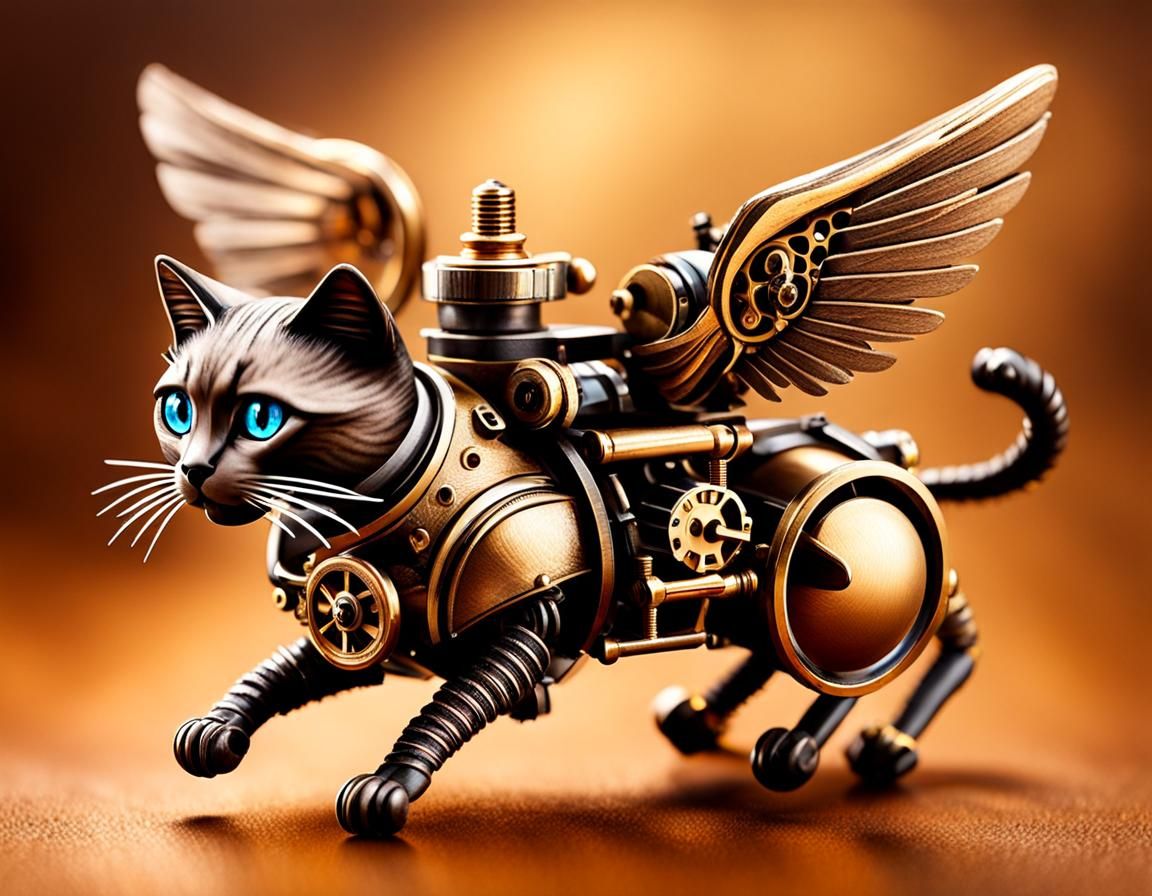 Winged Siamese Cat Lands: Steampunk Engine Art