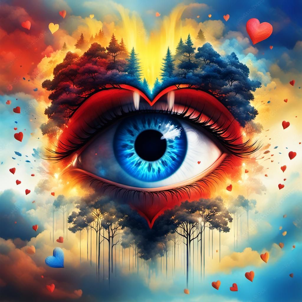 Surreal Eye with Heart and Trees in Abstract Style