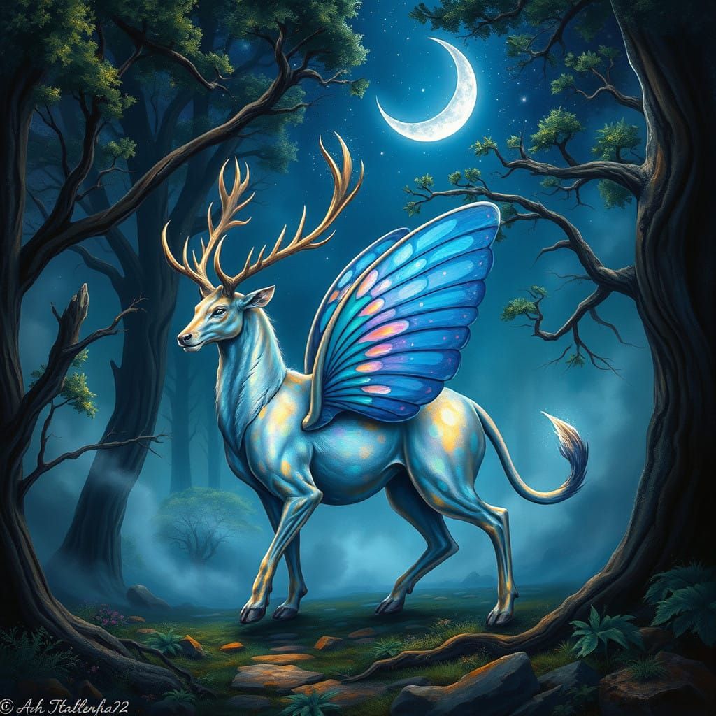 Mystical, Glowing Stag with Butterfly Wings and Lion Tail