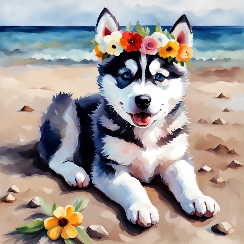 Husky Puppy with Flower Crown: Gouache-Style Beach Scene