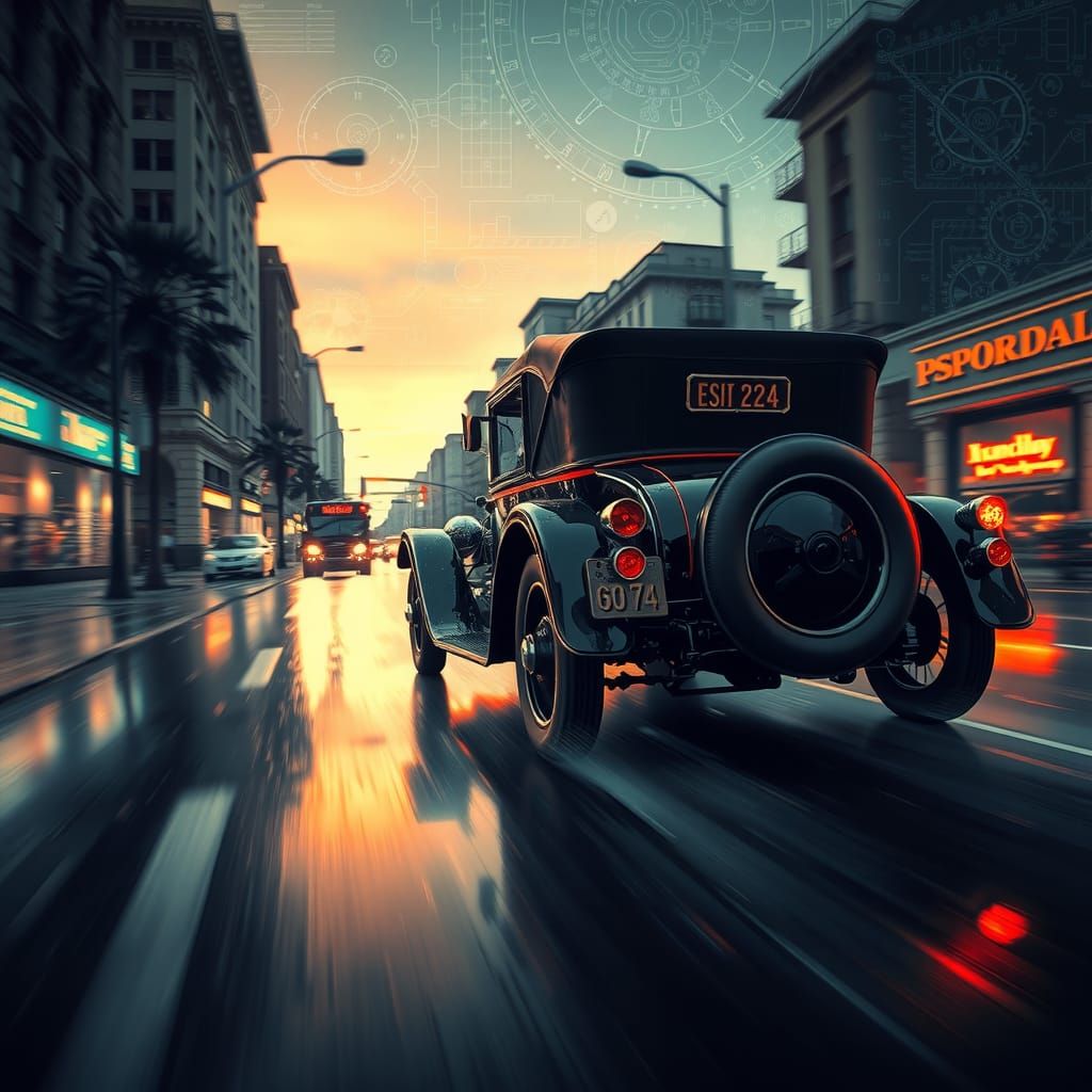 Vintage Roadster in Rain with Art Nouveau Details