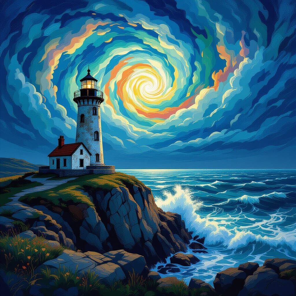 Weathered Lighthouse Amidst Turbulent Sea and Swirling Sky