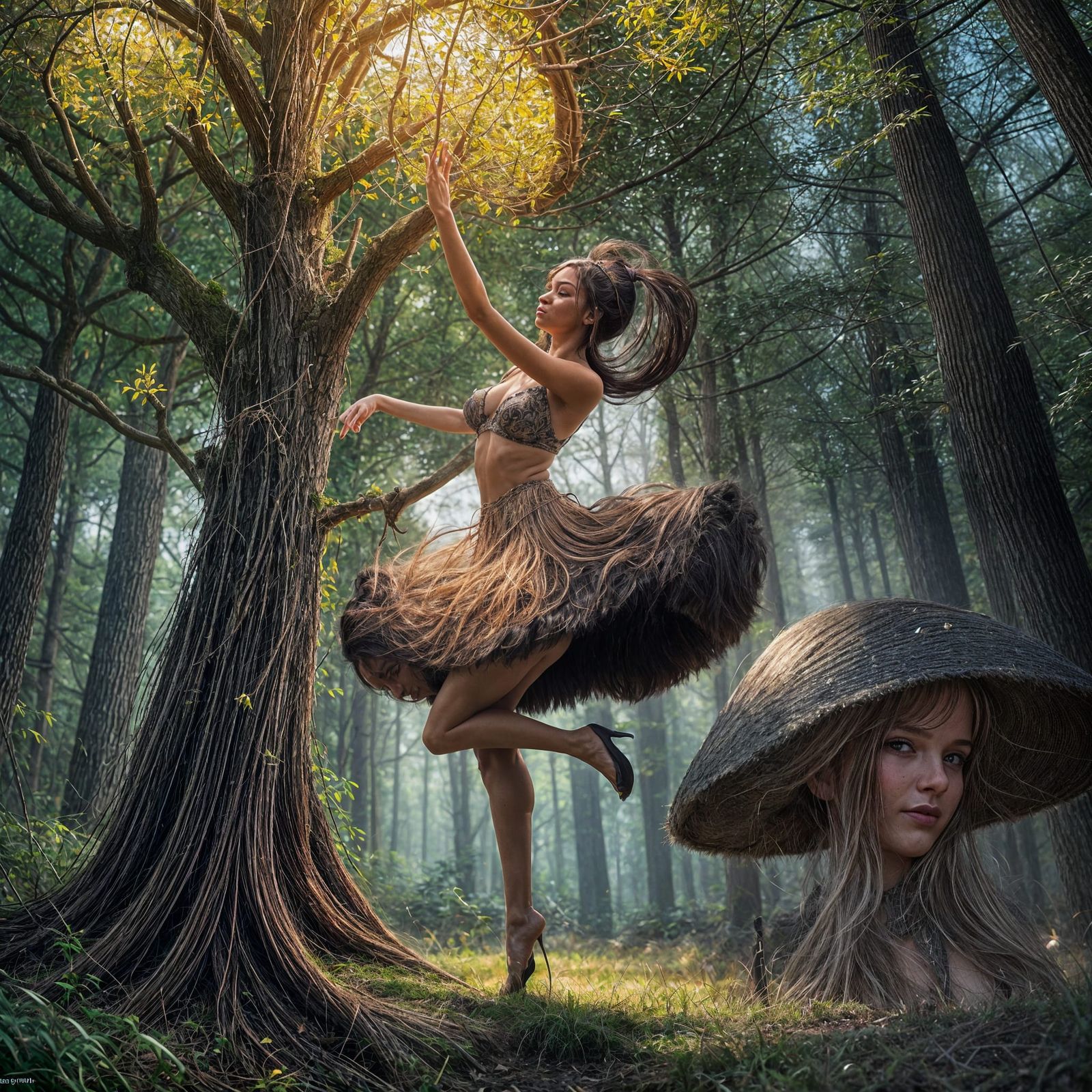 Whimsical Dancer Leaping Over Fantastical Mushrooms