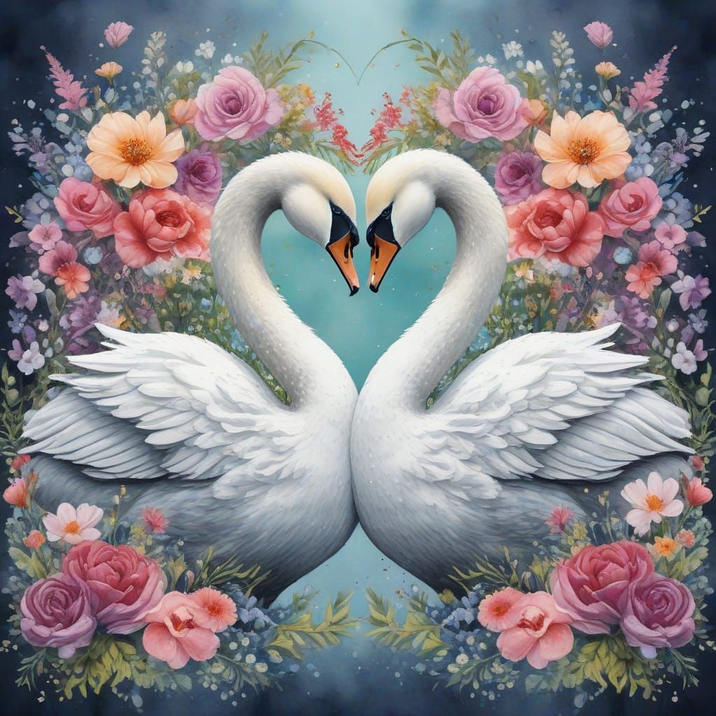 Swans in Heart-Shaped Embrace, Set Amidst Vibrant Watercolou...