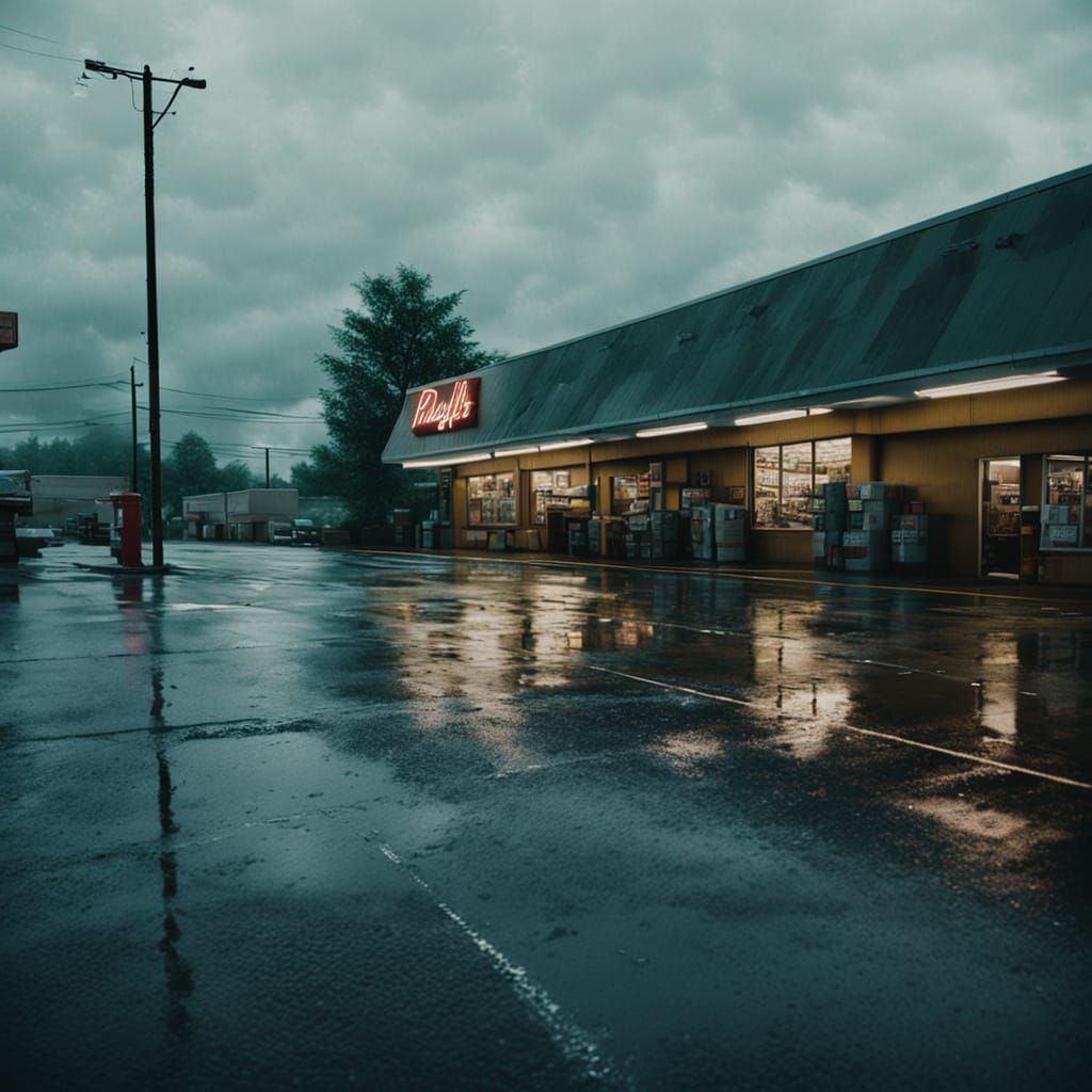 Rainy Store Parking Lot: Cinematic Film Still