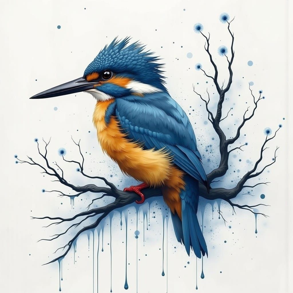 Kingfisher on Branch with Blue Ink Design