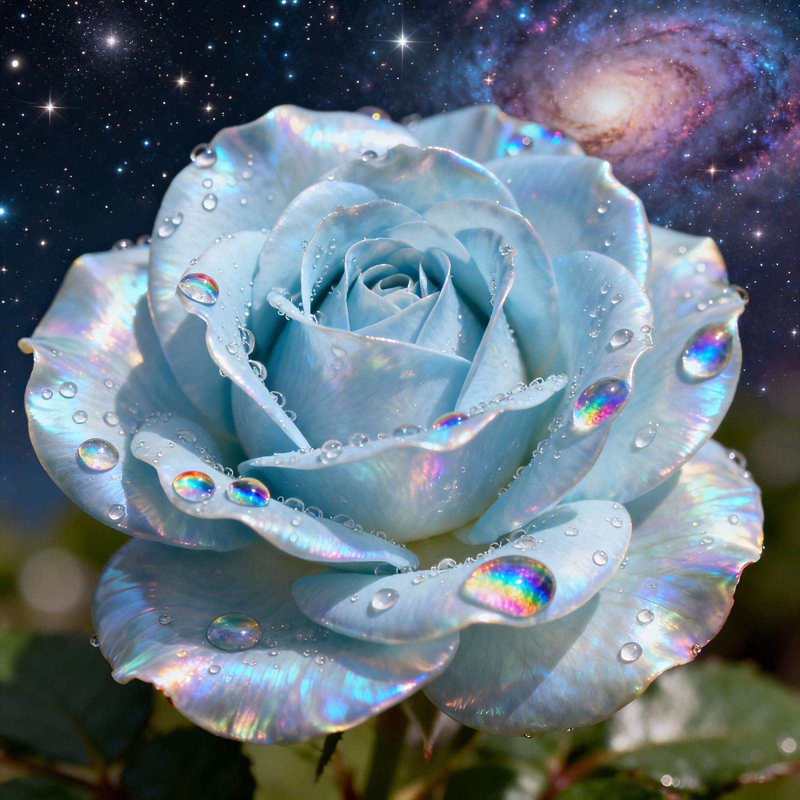 Luminous Mother-of-Pearl Rose with Rainbow Dew on Cosmic Bac...