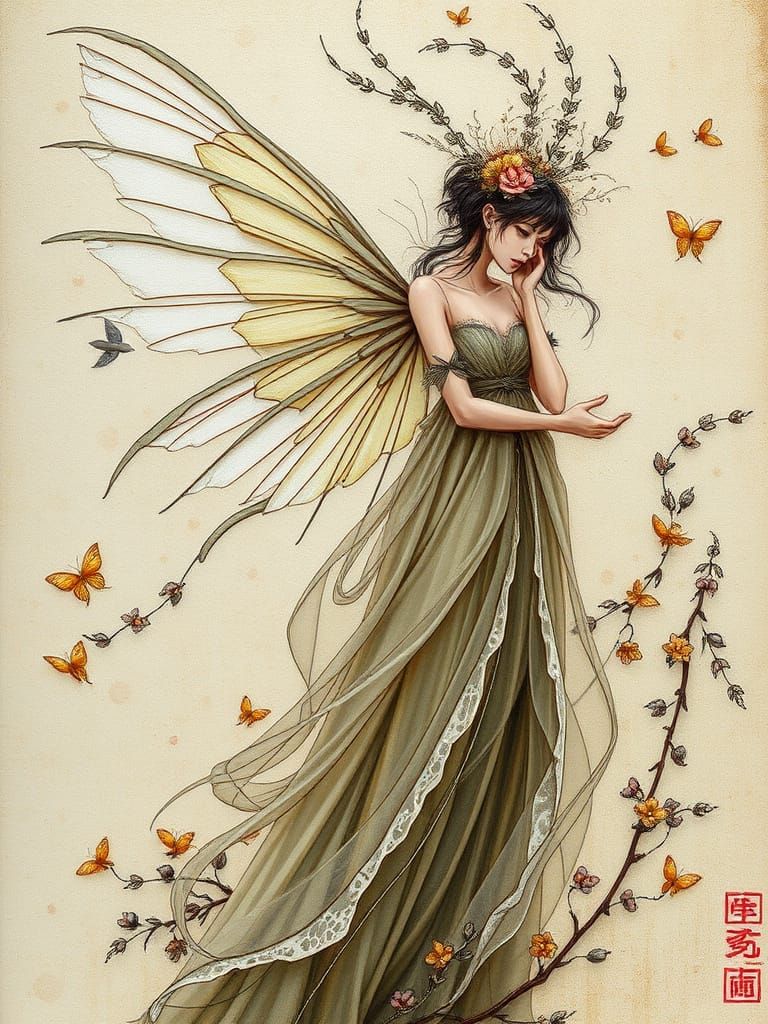 Elegant Winged Fairy in Mixed Media Style
