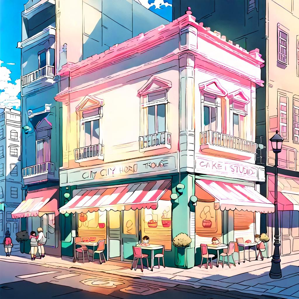 Cake House in City Street: Cel-Shaded Anime Art