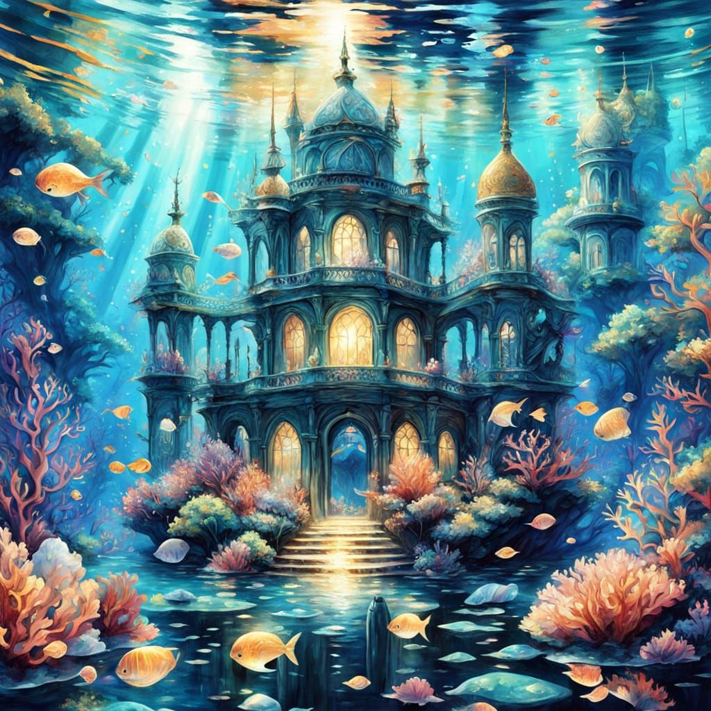 Mystical Mermaids Guard Sunken Palace: Aquatic Oil Painting