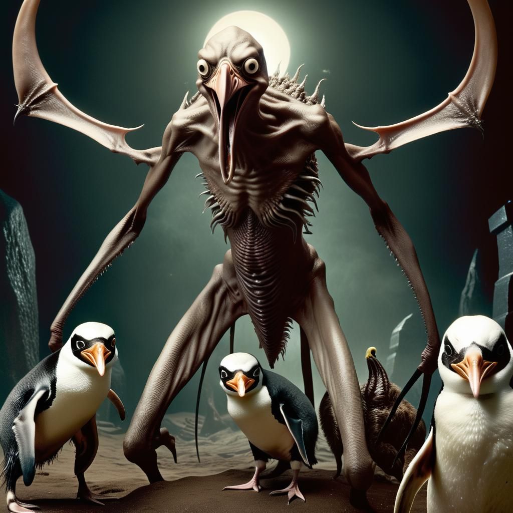 Lovecraftian Horror: Grotesque Daemon and Penguin in Sepia