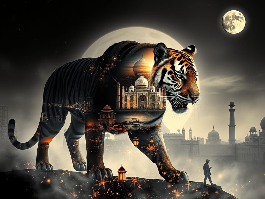 Surreal Tiger Double Exposure with Glowing Taj Mahal and Ind...