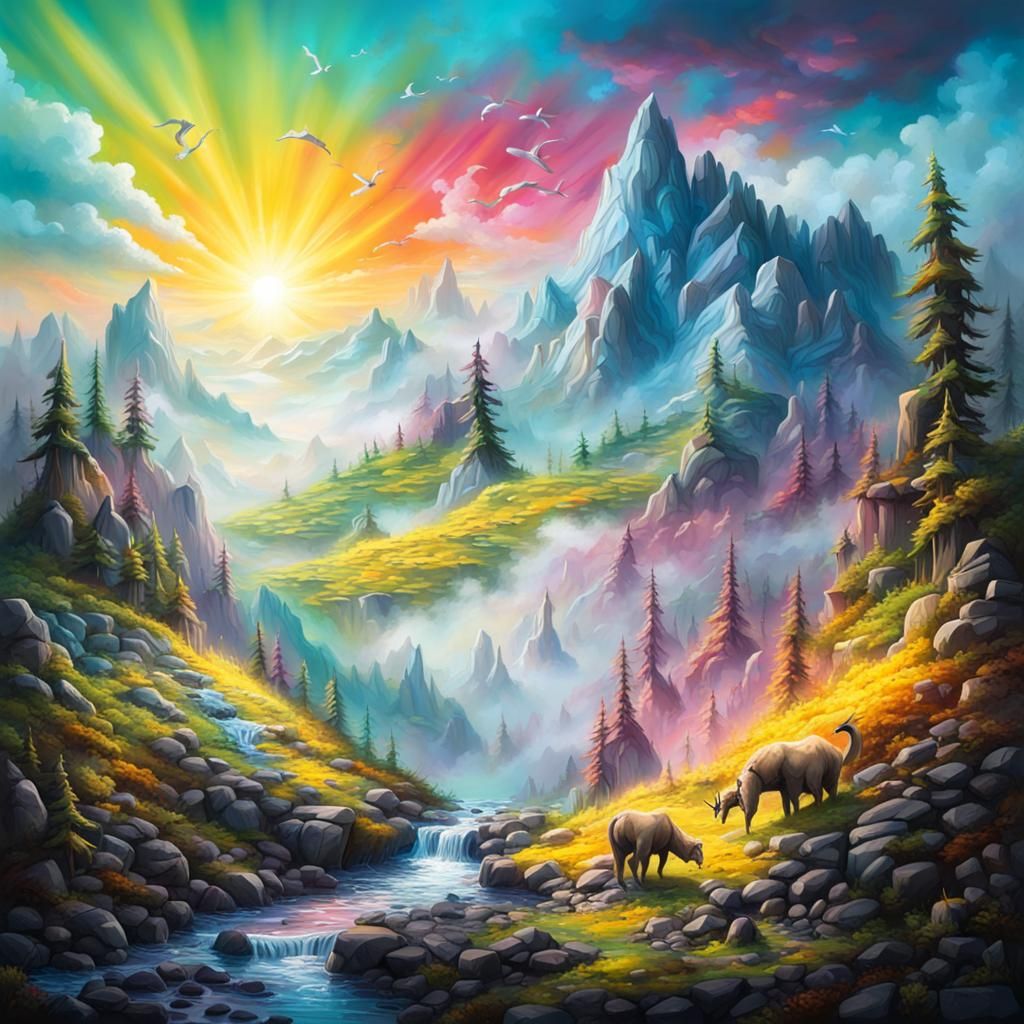 Misty Mountain Landscape with Crying Creatures in Graffiti A...