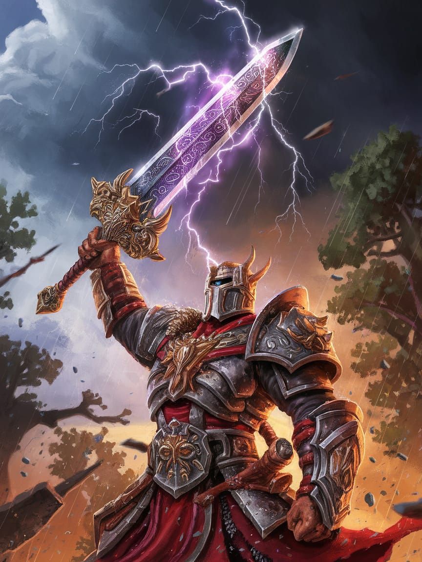 Epic Fantasy Warrior Wields Lightning-Adorned Sword Amid Sto...