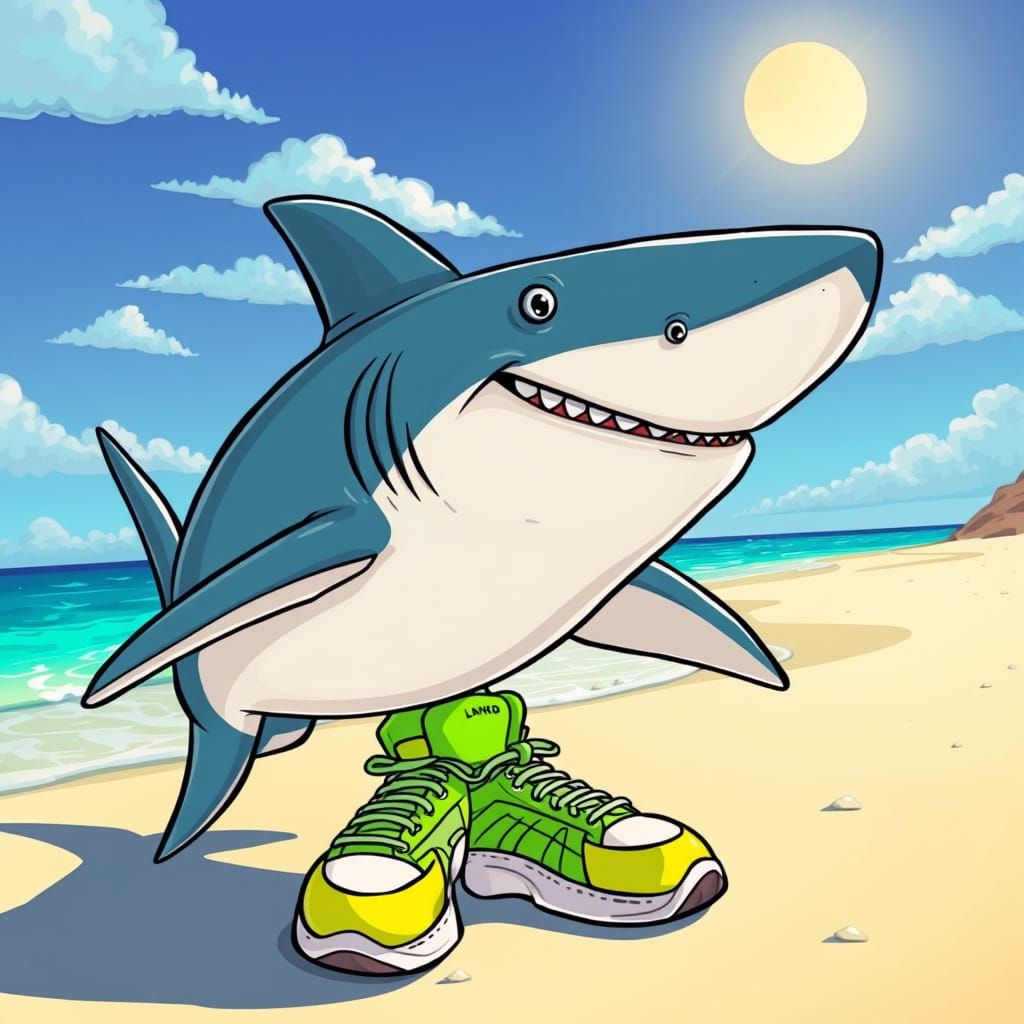 Cartoon Land Shark on Beach with Sneakers