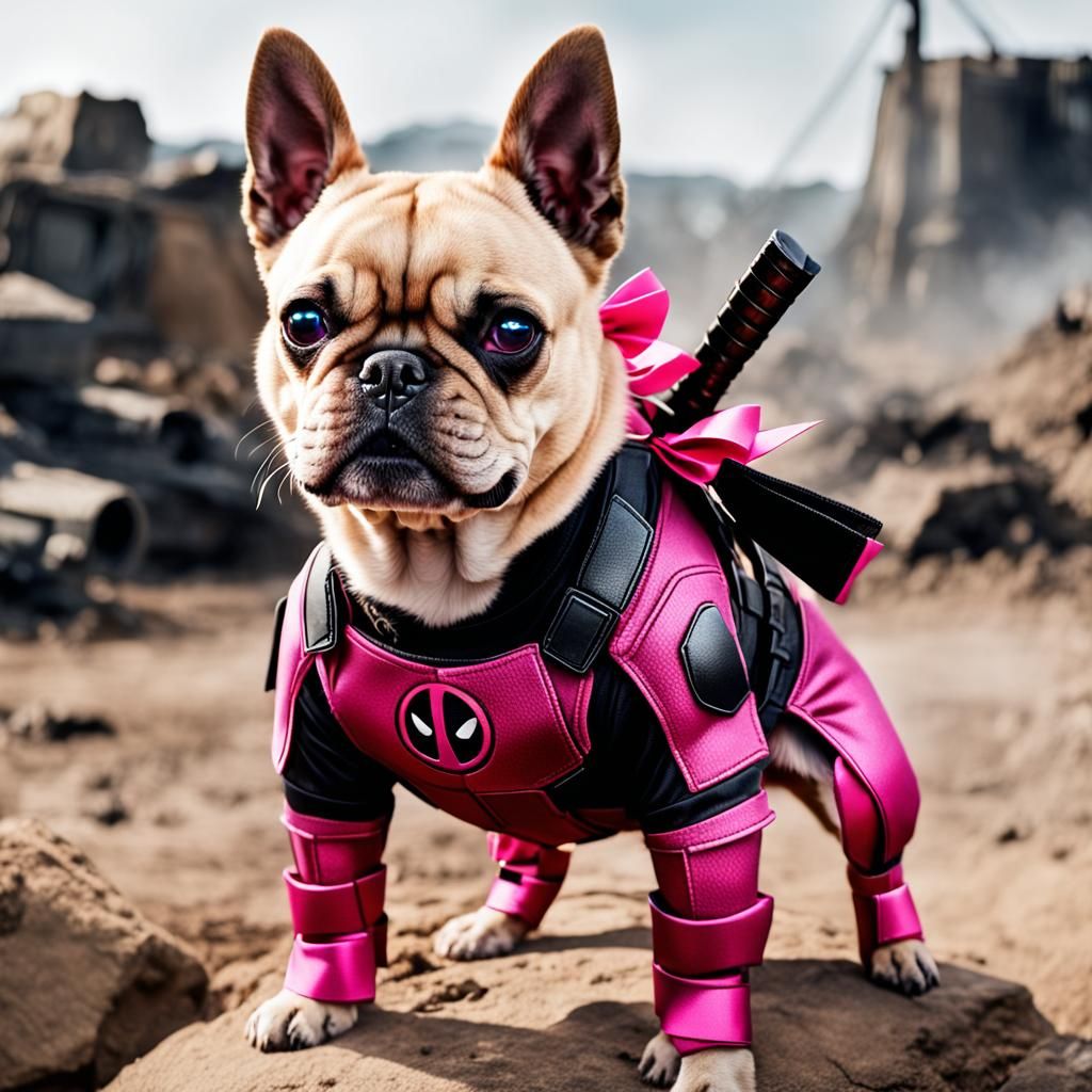 Ugly Dog in Deadpool Suit on Battlefield