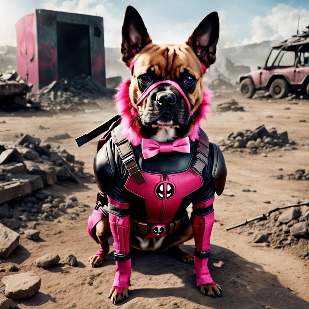 Dog in Deadpool Suit on Battlefield