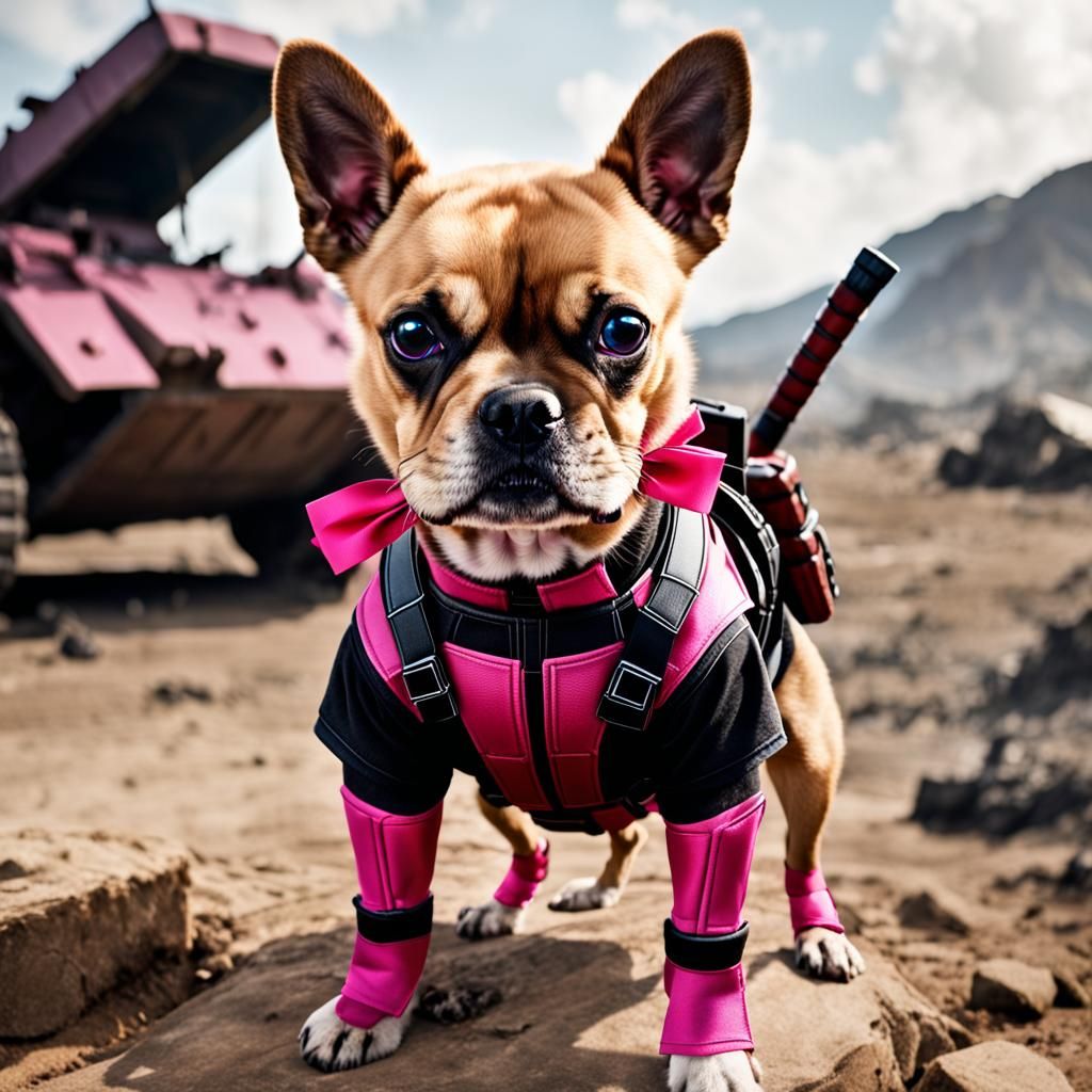 Dog in Deadpool Suit on Battlefield