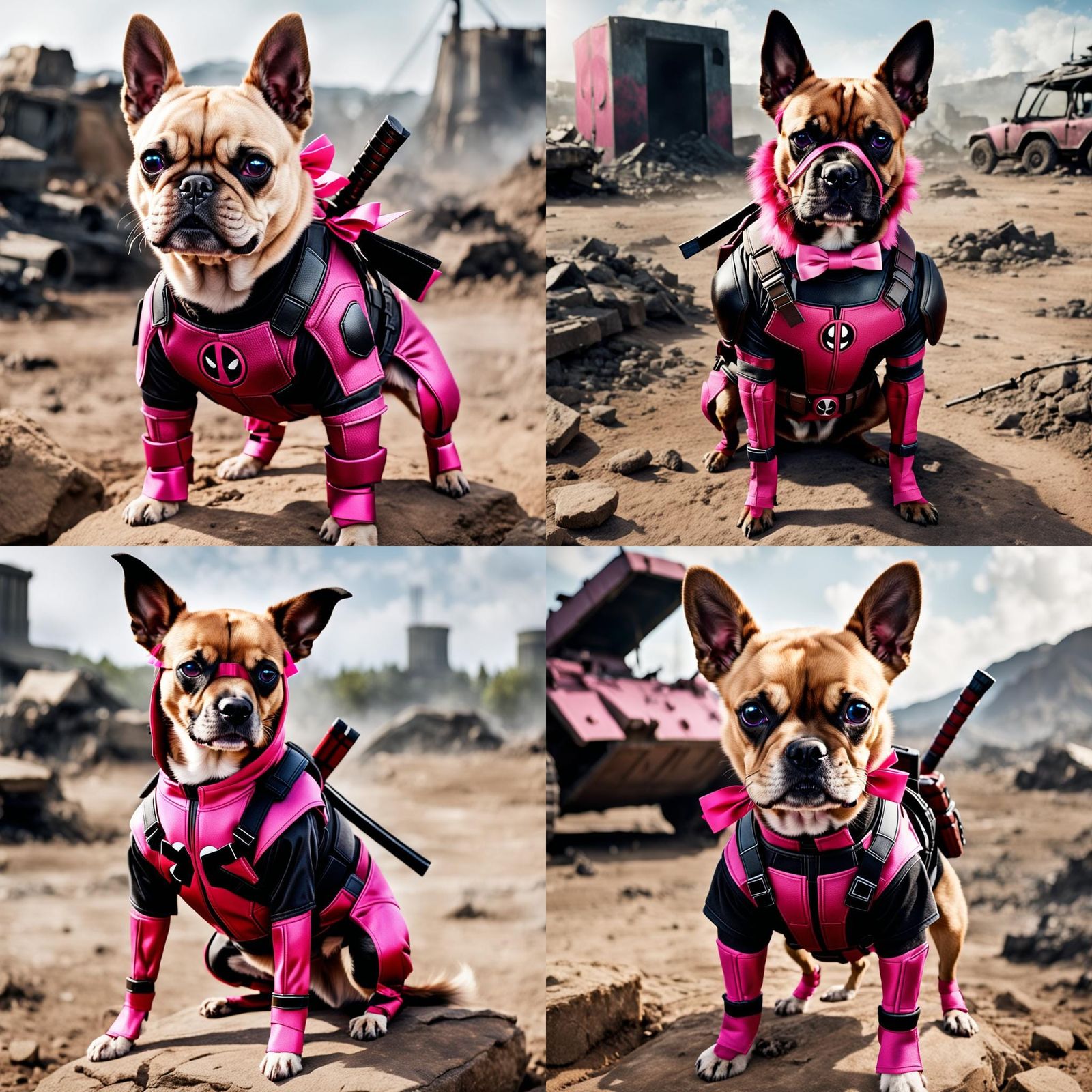Dog in Deadpool Suit on Battlefield