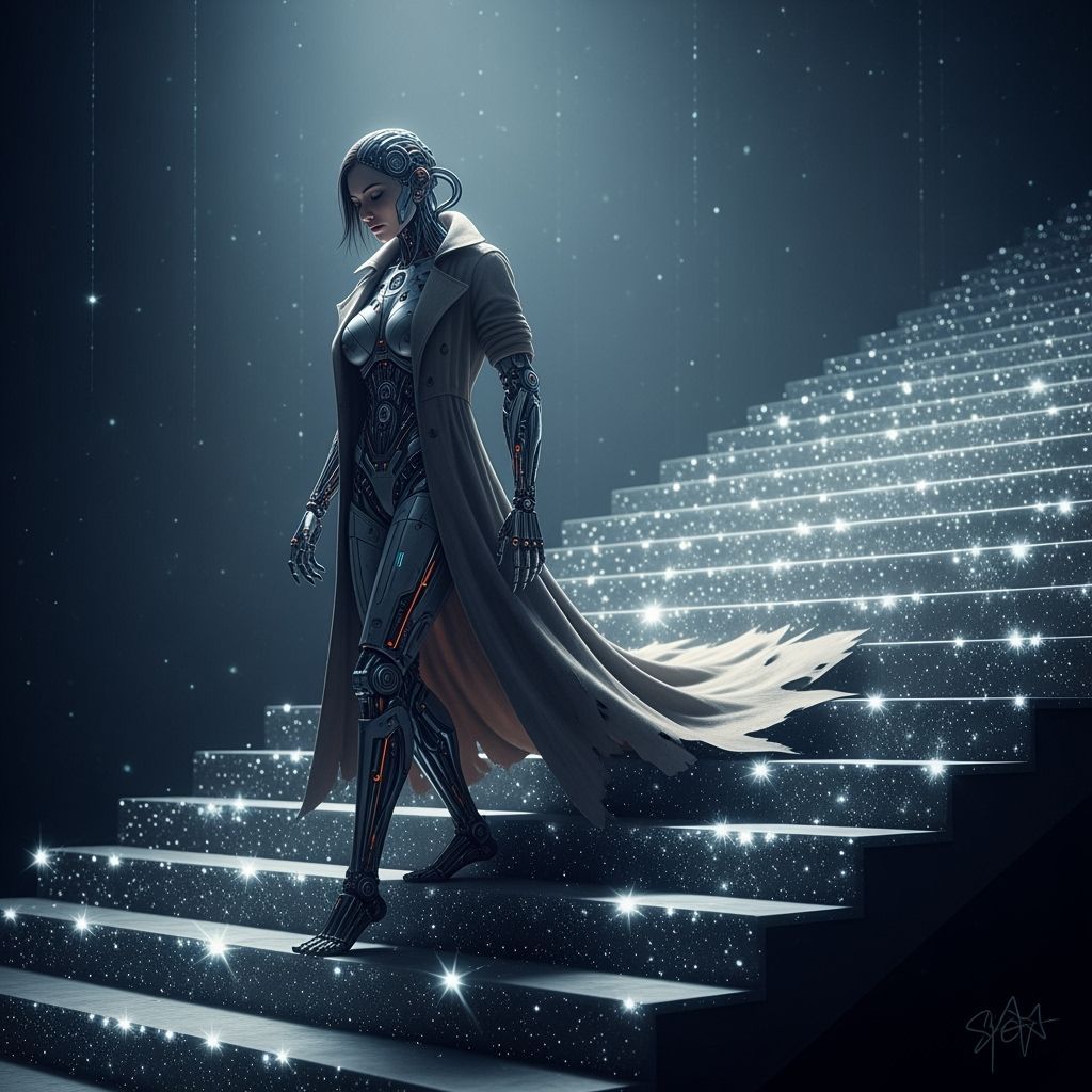 Woman with Cybernetic Limbs on Starry Staircase