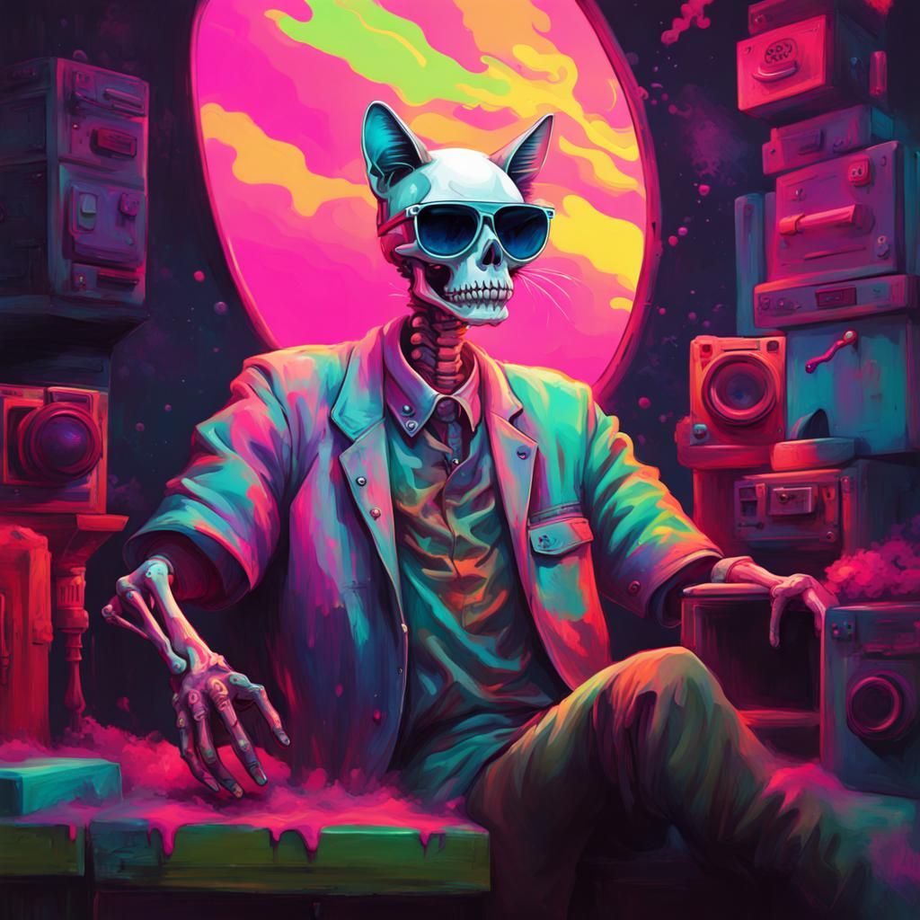 Vaporwave Neon Skeleton Cat Graffiti Art